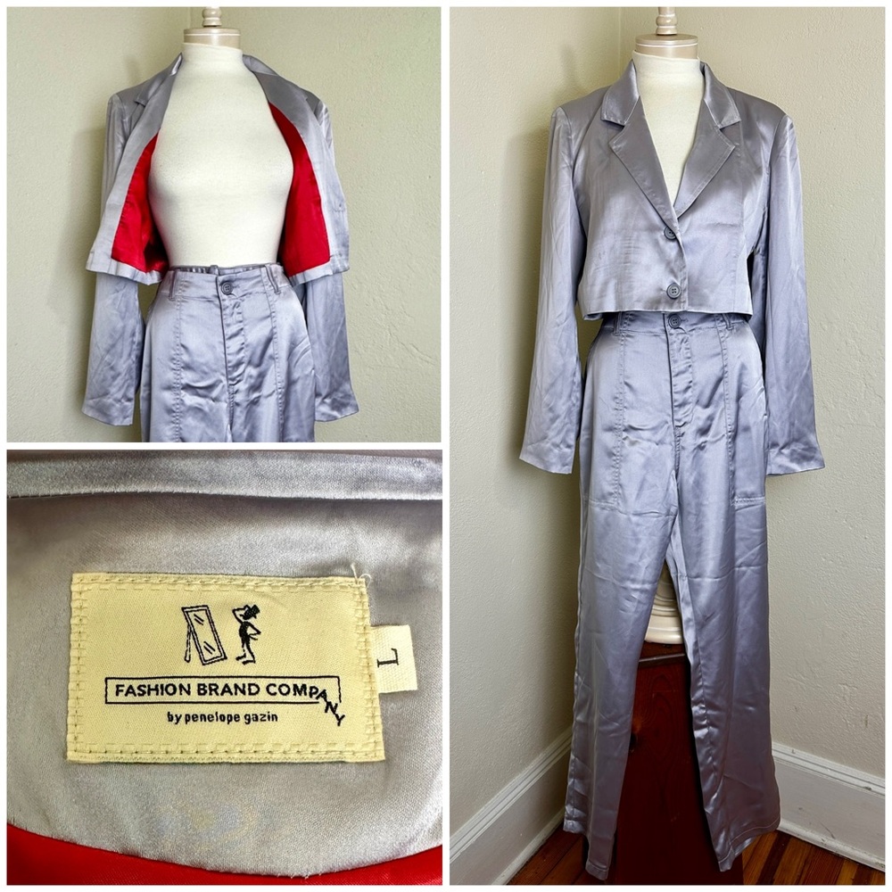 RARE Fashion Brand Company Silver Satin Business Suit! Penelope Gazin Sz L